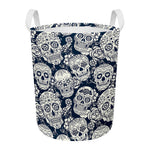 White Floral Sugar Skull Pattern Print Round Laundry Basket