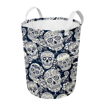 White Floral Sugar Skull Pattern Print Round Laundry Basket