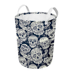 White Floral Sugar Skull Pattern Print Round Laundry Basket