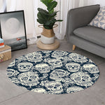 White Floral Sugar Skull Pattern Print Round Rug