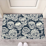 White Floral Sugar Skull Pattern Print Rubber Doormat