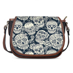 White Floral Sugar Skull Pattern Print Saddle Bag