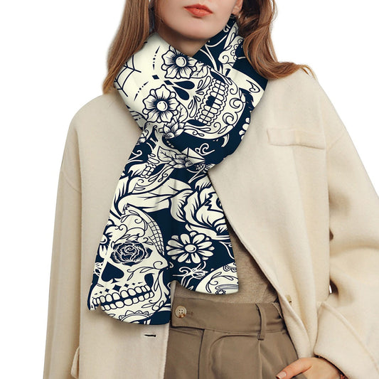 White Floral Sugar Skull Pattern Print Scarf