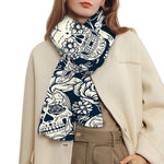 White Floral Sugar Skull Pattern Print Scarf