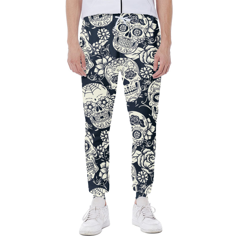 White Floral Sugar Skull Pattern Print Scuba Joggers