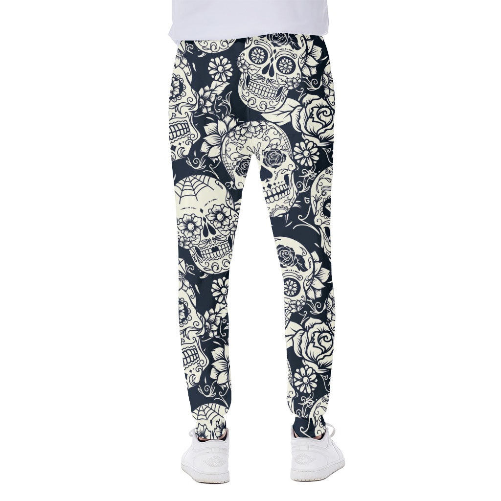 White Floral Sugar Skull Pattern Print Scuba Joggers