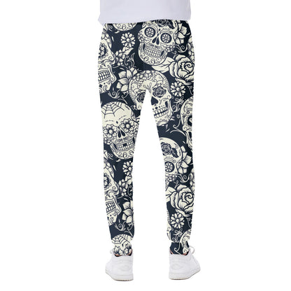 White Floral Sugar Skull Pattern Print Scuba Joggers
