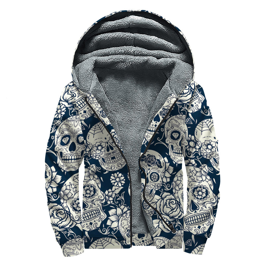 White Floral Sugar Skull Pattern Print Sherpa Lined Zip Up Hoodie