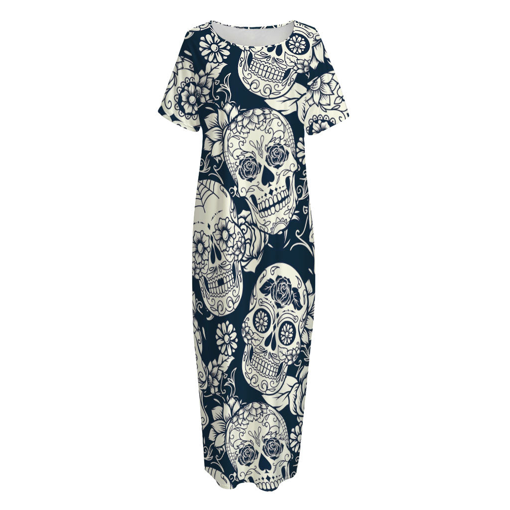 White Floral Sugar Skull Pattern Print Short Sleeve Long Nightdress