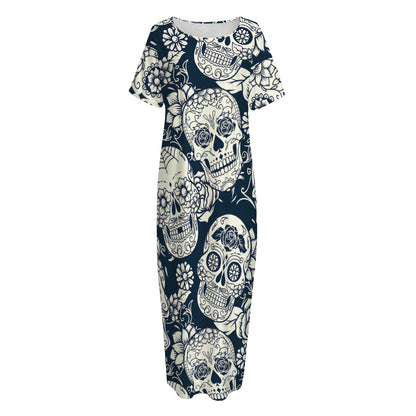 White Floral Sugar Skull Pattern Print Short Sleeve Long Nightdress