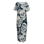White Floral Sugar Skull Pattern Print Short Sleeve Long Nightdress