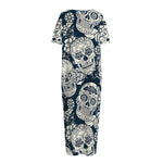 White Floral Sugar Skull Pattern Print Short Sleeve Long Nightdress
