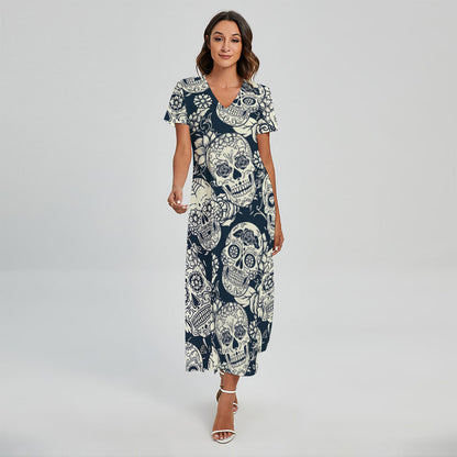White Floral Sugar Skull Pattern Print Short Sleeve Maxi Dress