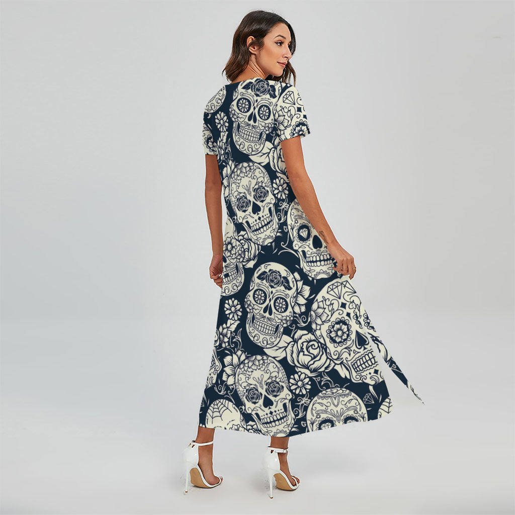 White Floral Sugar Skull Pattern Print Short Sleeve Maxi Dress