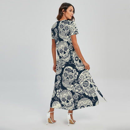 White Floral Sugar Skull Pattern Print Short Sleeve Maxi Dress