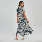 White Floral Sugar Skull Pattern Print Short Sleeve Maxi Dress