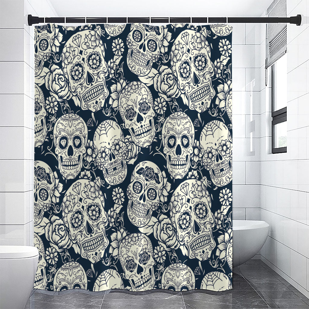 White Floral Sugar Skull Pattern Print Shower Curtain