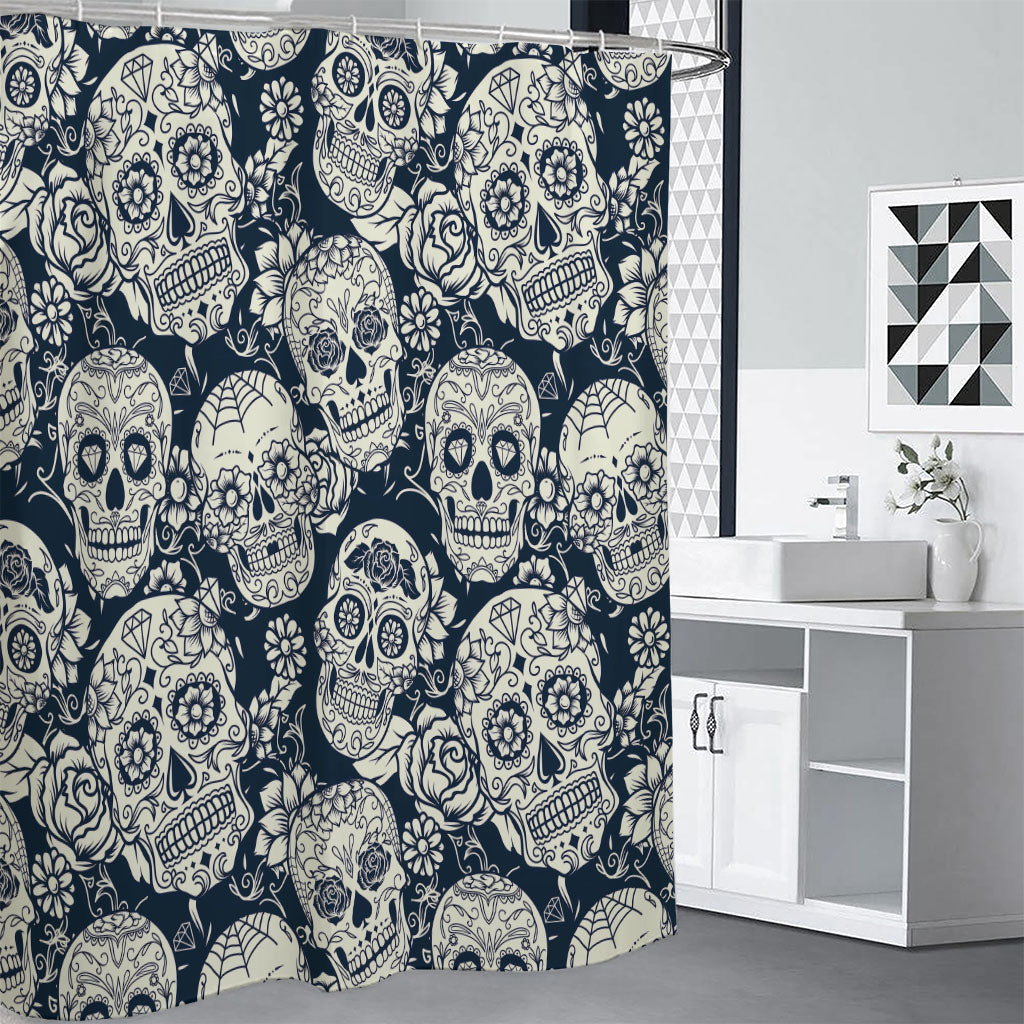 White Floral Sugar Skull Pattern Print Shower Curtain