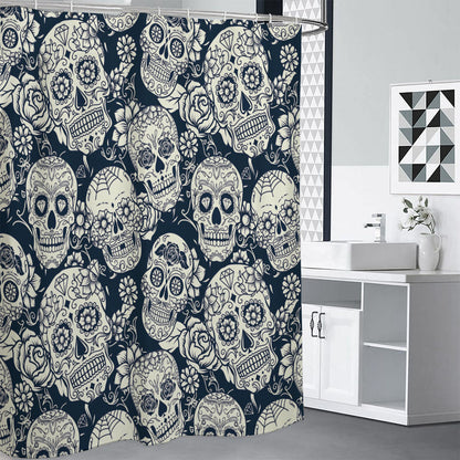 White Floral Sugar Skull Pattern Print Shower Curtain