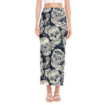 White Floral Sugar Skull Pattern Print Side Slit Maxi Skirt
