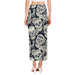 White Floral Sugar Skull Pattern Print Side Slit Maxi Skirt