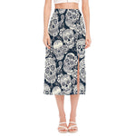 White Floral Sugar Skull Pattern Print Side Slit Midi Skirt