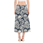 White Floral Sugar Skull Pattern Print Side Slit Midi Skirt