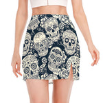 White Floral Sugar Skull Pattern Print Side Slit Mini Skirt