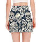 White Floral Sugar Skull Pattern Print Side Slit Mini Skirt