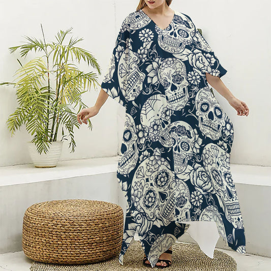 White Floral Sugar Skull Pattern Print Silk V-Neck Kaftan Dress