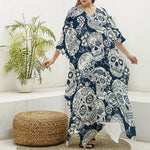 White Floral Sugar Skull Pattern Print Silk V-Neck Kaftan Dress