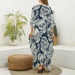 White Floral Sugar Skull Pattern Print Silk V-Neck Kaftan Dress