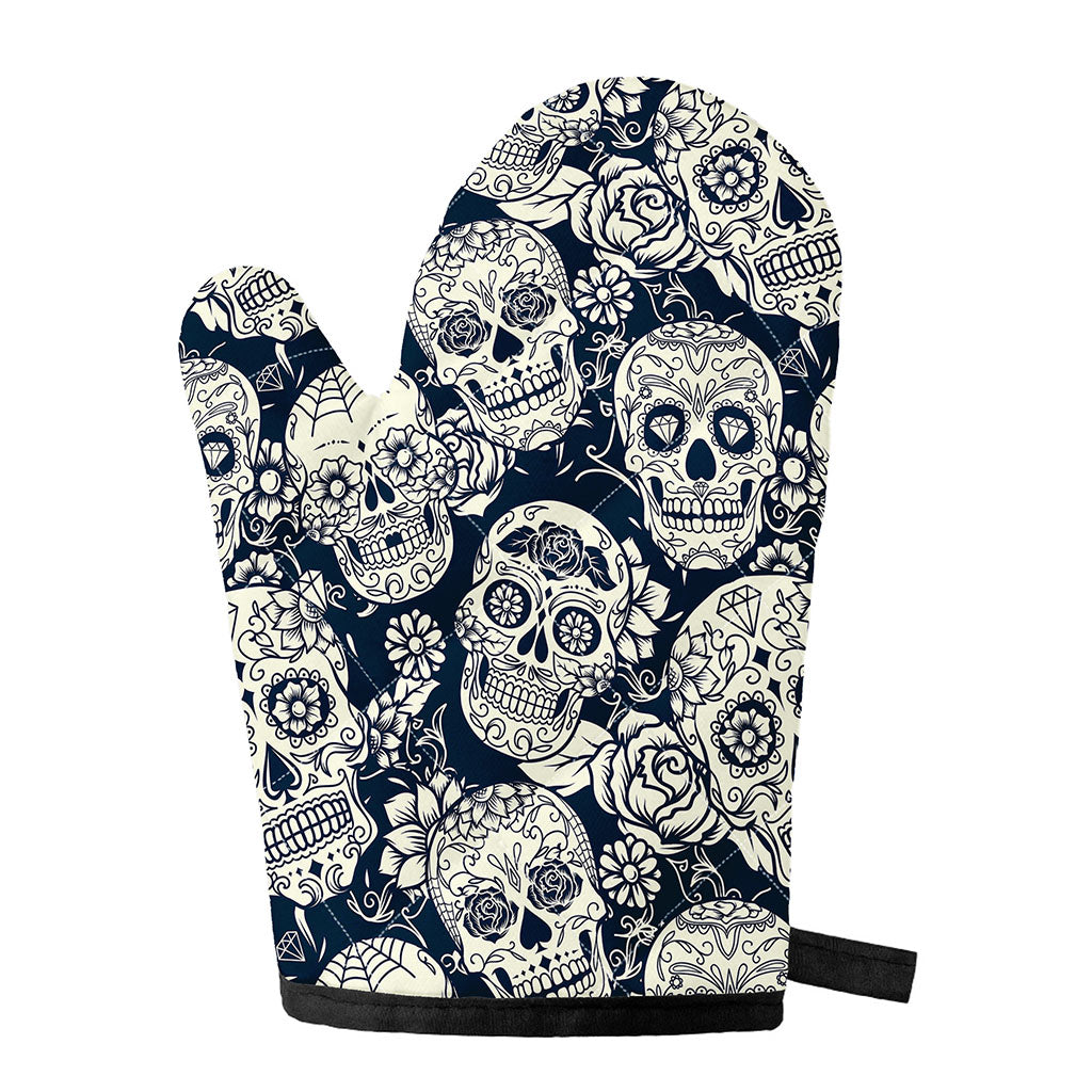 White Floral Sugar Skull Pattern Print Single Oven Mitt