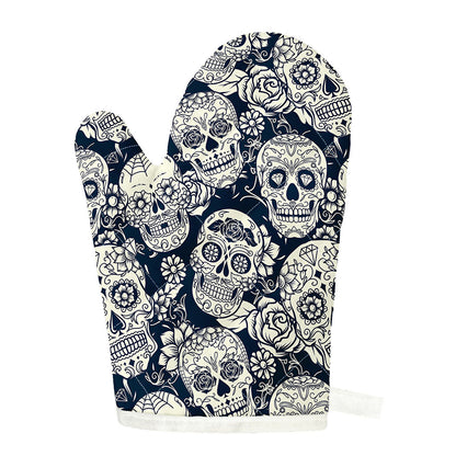 White Floral Sugar Skull Pattern Print Single Oven Mitt