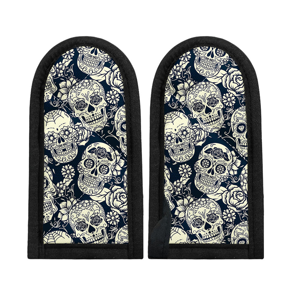 White Floral Sugar Skull Pattern Print Skillet Handle Cover
