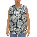 White Floral Sugar Skull Pattern Print Sleeveless Baseball Jersey