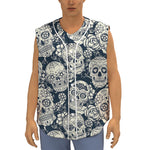 White Floral Sugar Skull Pattern Print Sleeveless Baseball Jersey