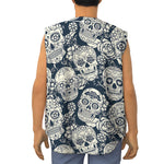 White Floral Sugar Skull Pattern Print Sleeveless Baseball Jersey