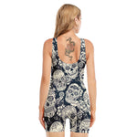 White Floral Sugar Skull Pattern Print Sleeveless One Piece Swimsuit