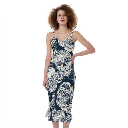 White Floral Sugar Skull Pattern Print Slim Fit Midi Cami Dress