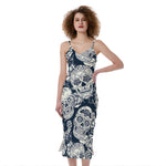 White Floral Sugar Skull Pattern Print Slim Fit Midi Cami Dress