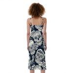 White Floral Sugar Skull Pattern Print Slim Fit Midi Cami Dress