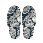 White Floral Sugar Skull Pattern Print Slippers