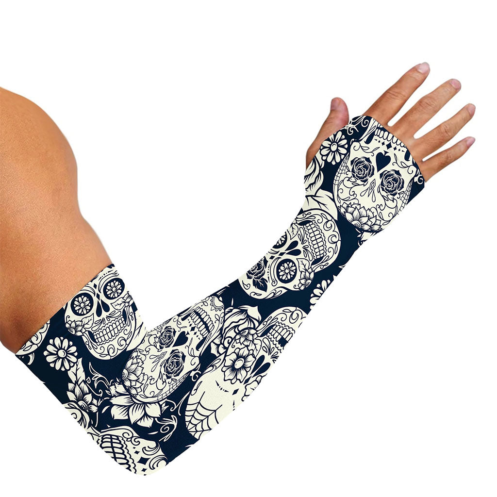 White Floral Sugar Skull Pattern Print Sun Protection Arm Sleeves