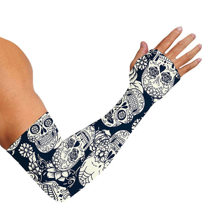 White Floral Sugar Skull Pattern Print Sun Protection Arm Sleeves