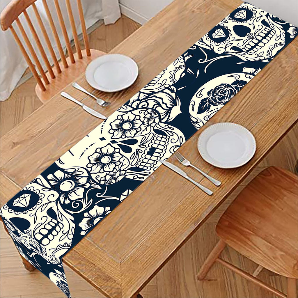 White Floral Sugar Skull Pattern Print Table Runner