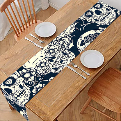 White Floral Sugar Skull Pattern Print Table Runner