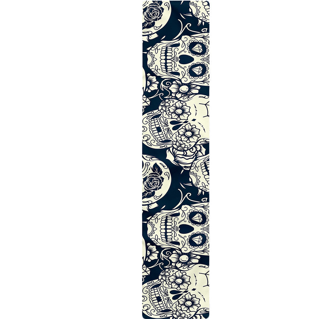 White Floral Sugar Skull Pattern Print Table Runner