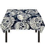 White Floral Sugar Skull Pattern Print Tablecloth