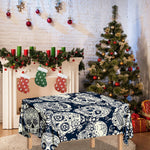 White Floral Sugar Skull Pattern Print Tablecloth